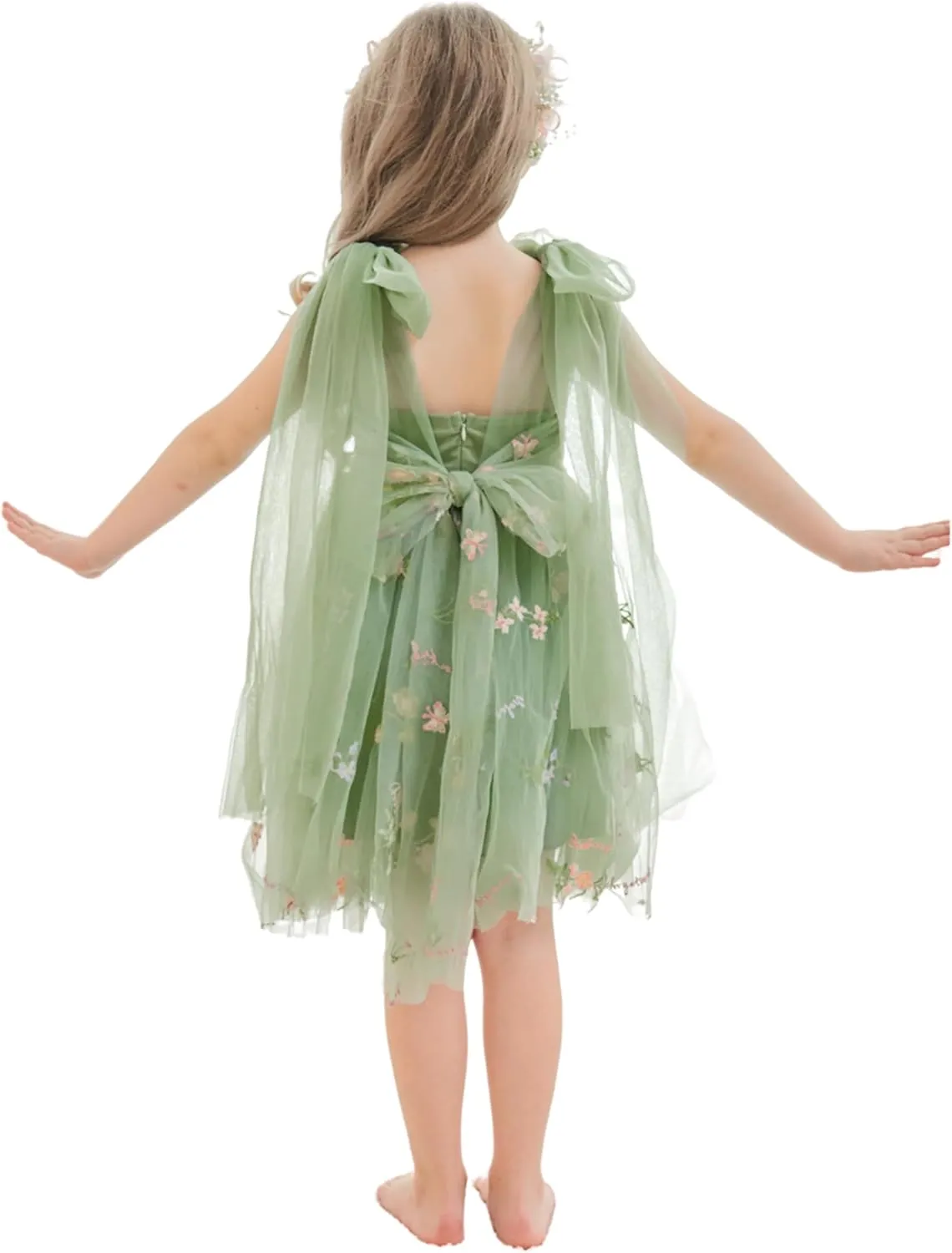 Flower Girl Dress Floral Embroidered Toddler Girls Dresses Fairy Tulle Dress for Wedding Birthday Party Photo Shoot