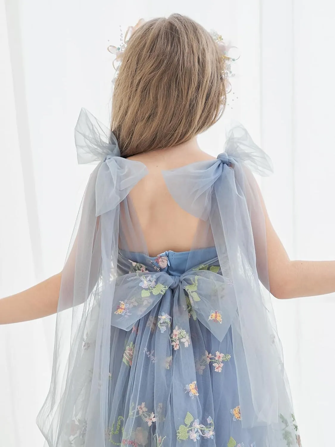Flower Girl Dress Floral Embroidered Toddler Girls Dresses Fairy Tulle Dress for Wedding Birthday Party Photo Shoot