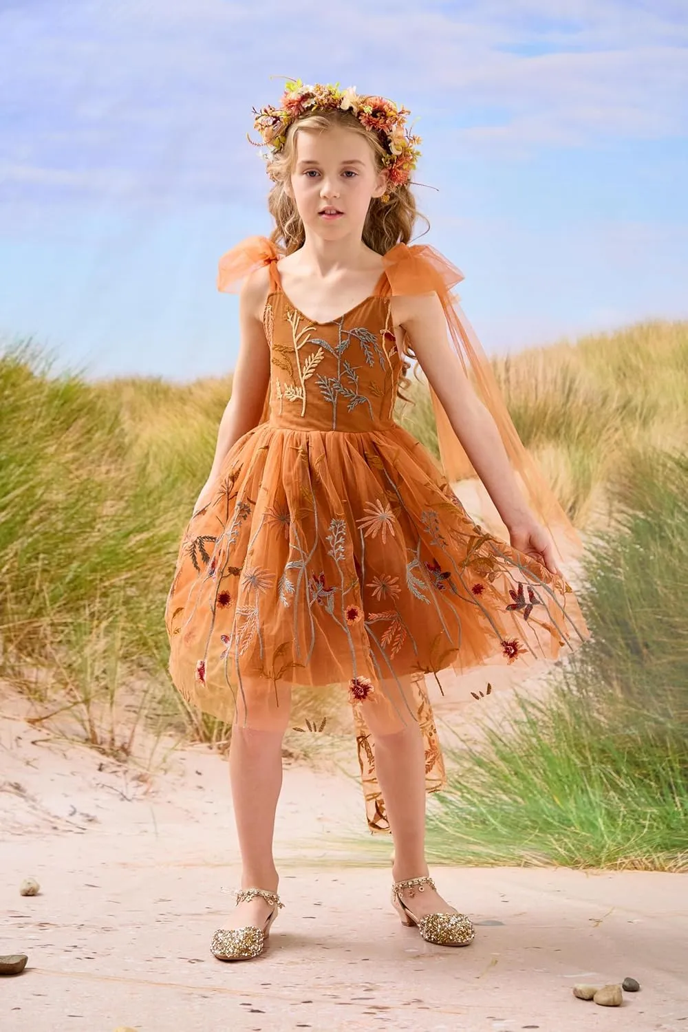 Flower Girl Dress Floral Embroidered Toddler Girls Dresses Fairy Tulle Dress for Wedding Birthday Party Photo Shoot