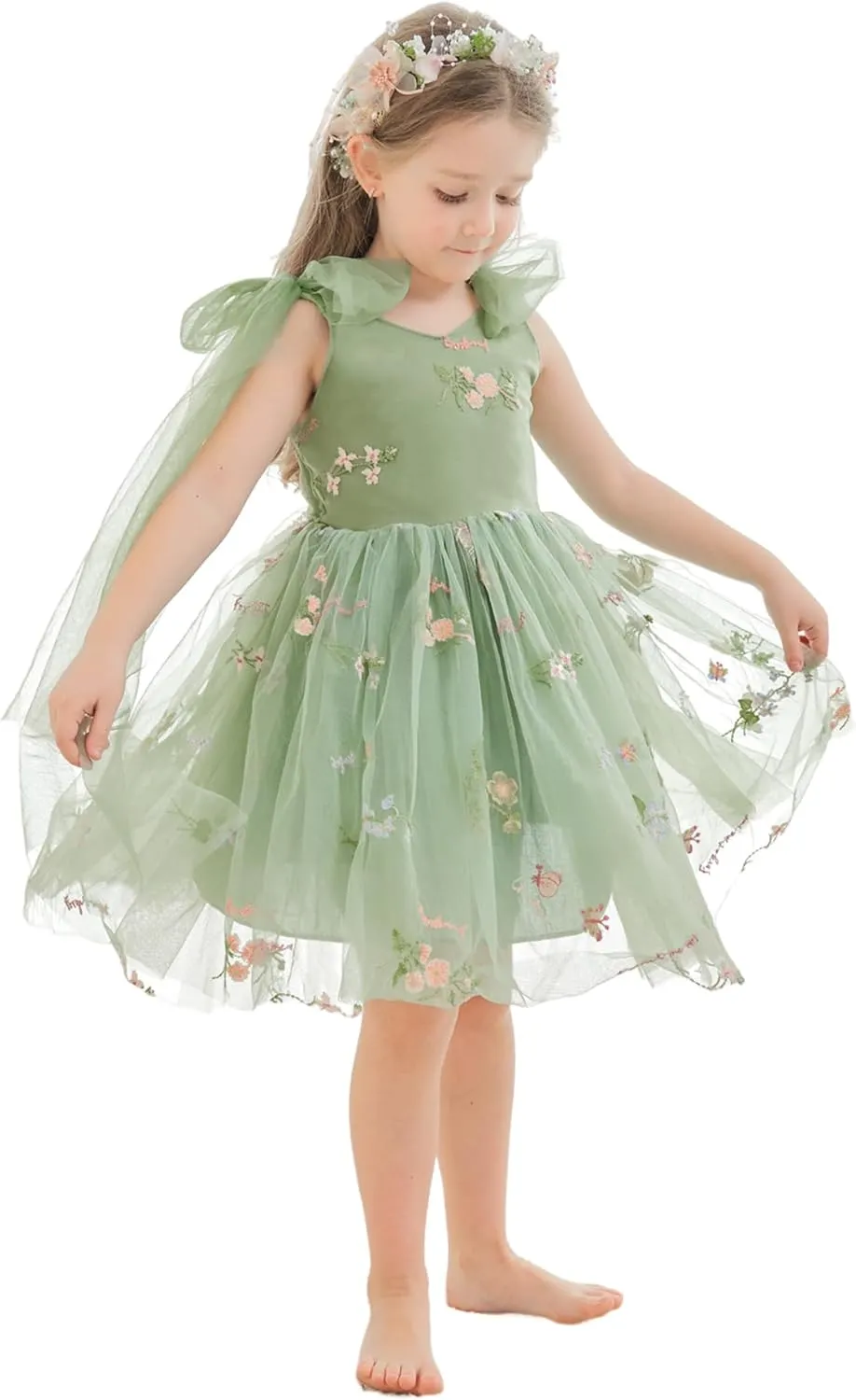 Flower Girl Dress Floral Embroidered Toddler Girls Dresses Fairy Tulle Dress for Wedding Birthday Party Photo Shoot