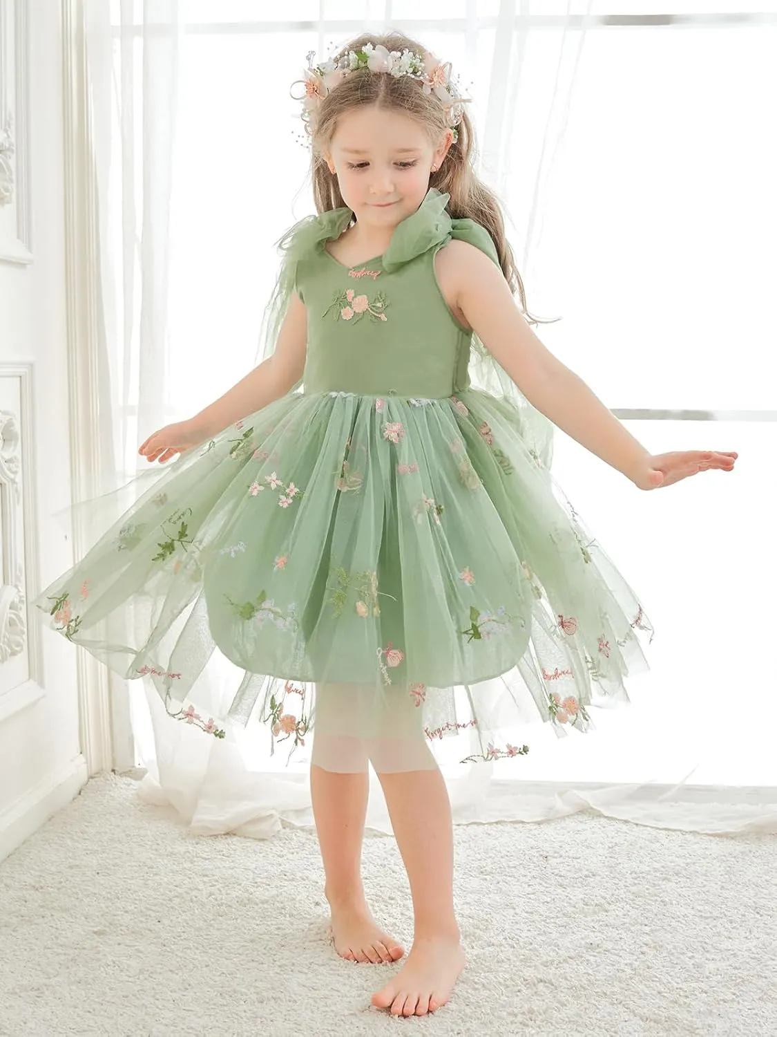 Flower Girl Dress Floral Embroidered Toddler Girls Dresses Fairy Tulle Dress for Wedding Birthday Party Photo Shoot