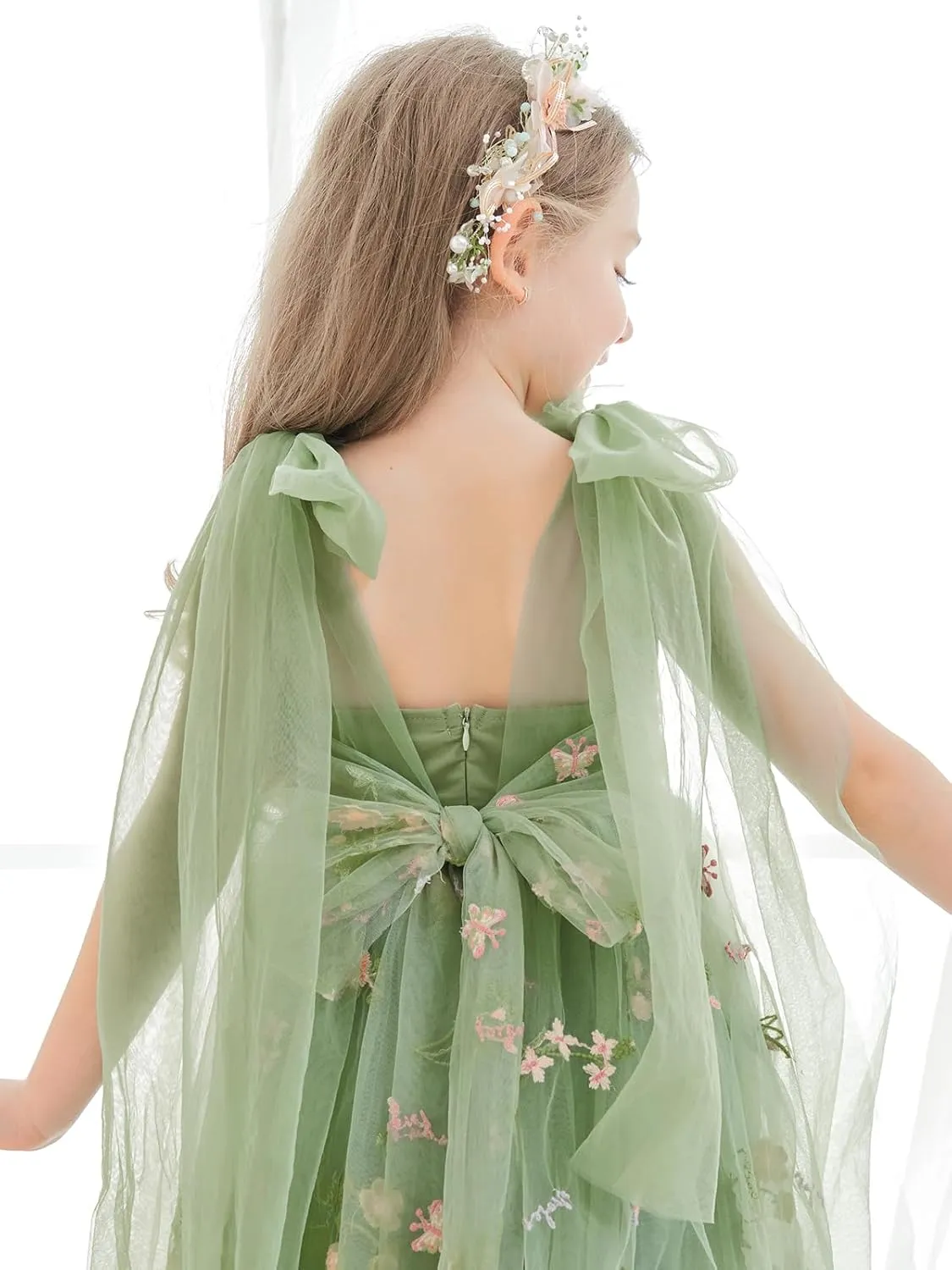Flower Girl Dress Floral Embroidered Toddler Girls Dresses Fairy Tulle Dress for Wedding Birthday Party Photo Shoot