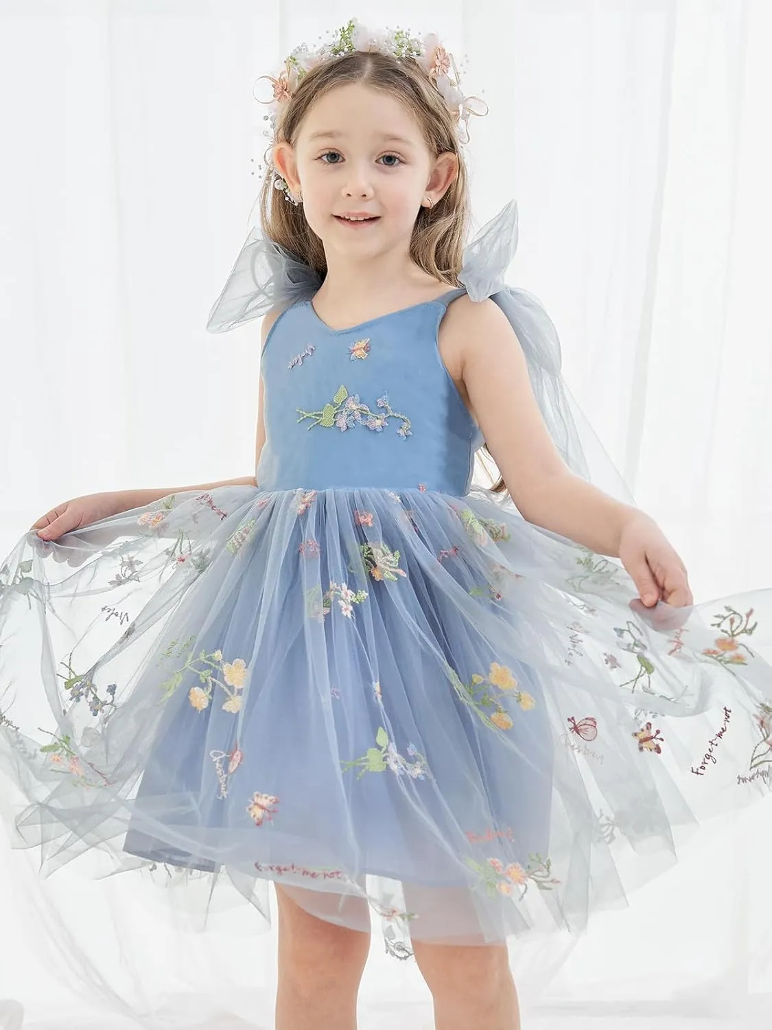 Flower Girl Dress Floral Embroidered Toddler Girls Dresses Fairy Tulle Dress for Wedding Birthday Party Photo Shoot