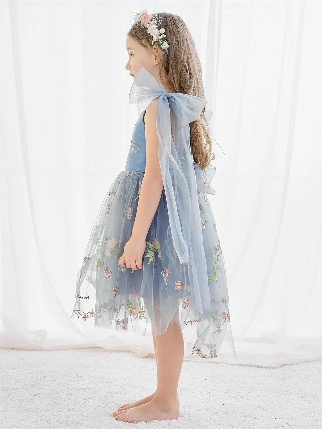Flower Girl Dress Floral Embroidered Toddler Girls Dresses Fairy Tulle Dress for Wedding Birthday Party Photo Shoot