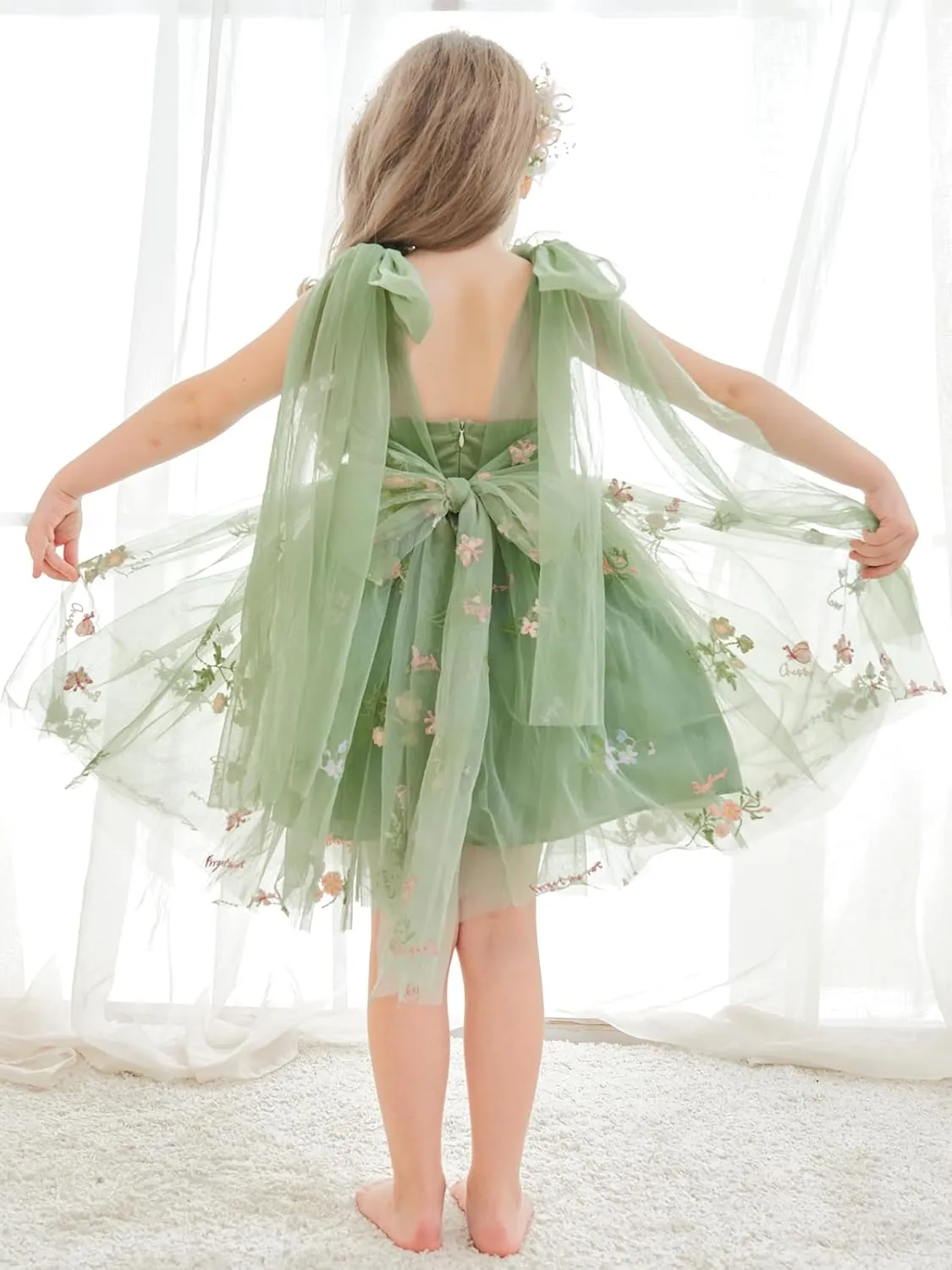 Flower Girl Dress Floral Embroidered Toddler Girls Dresses Fairy Tulle Dress for Wedding Birthday Party Photo Shoot