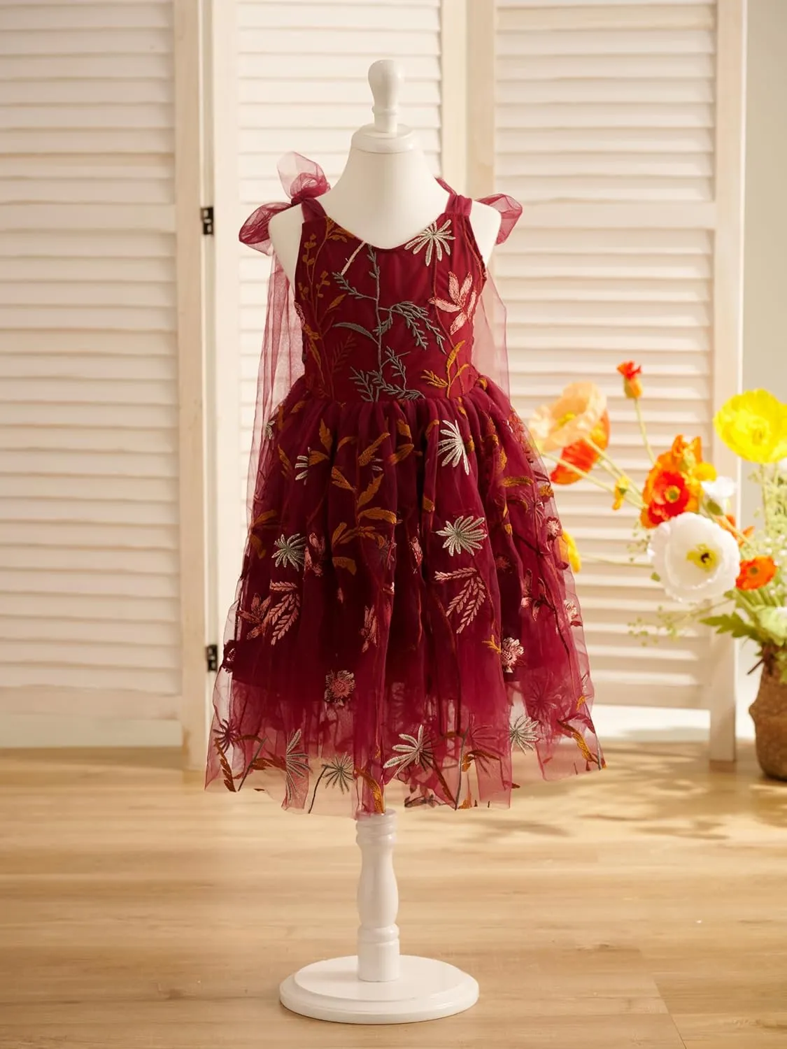 Flower Girl Dress Floral Embroidered Toddler Girls Dresses Fairy Tulle Dress for Wedding Birthday Party Photo Shoot
