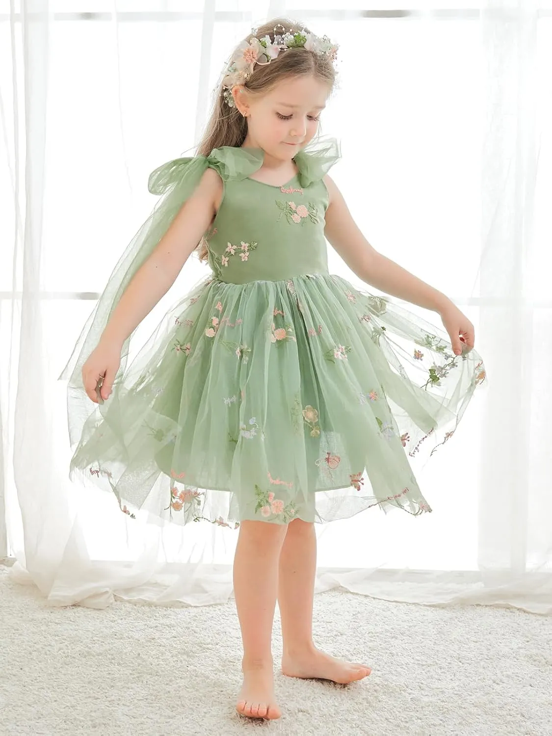 Flower Girl Dress Floral Embroidered Toddler Girls Dresses Fairy Tulle Dress for Wedding Birthday Party Photo Shoot
