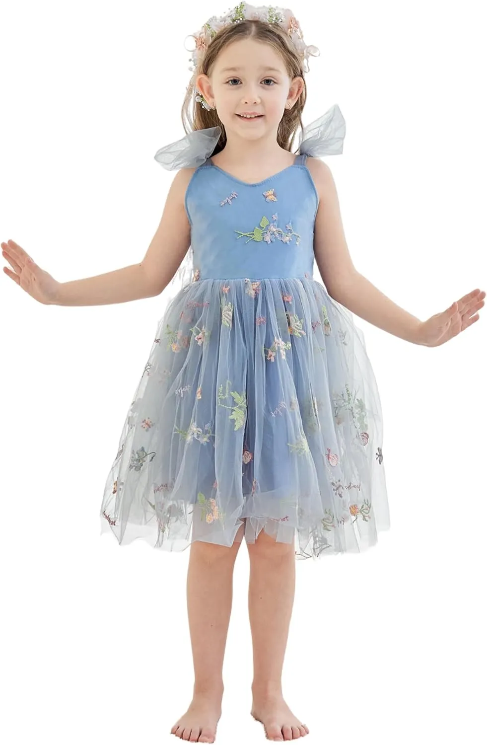 Flower Girl Dress Floral Embroidered Toddler Girls Dresses Fairy Tulle Dress for Wedding Birthday Party Photo Shoot