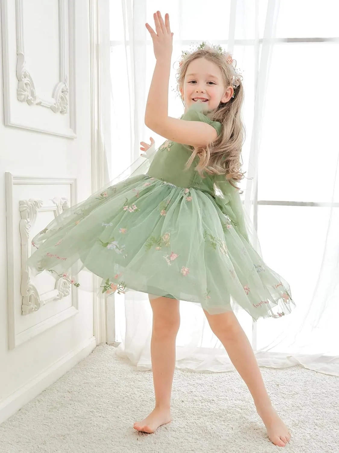 Flower Girl Dress Floral Embroidered Toddler Girls Dresses Fairy Tulle Dress for Wedding Birthday Party Photo Shoot