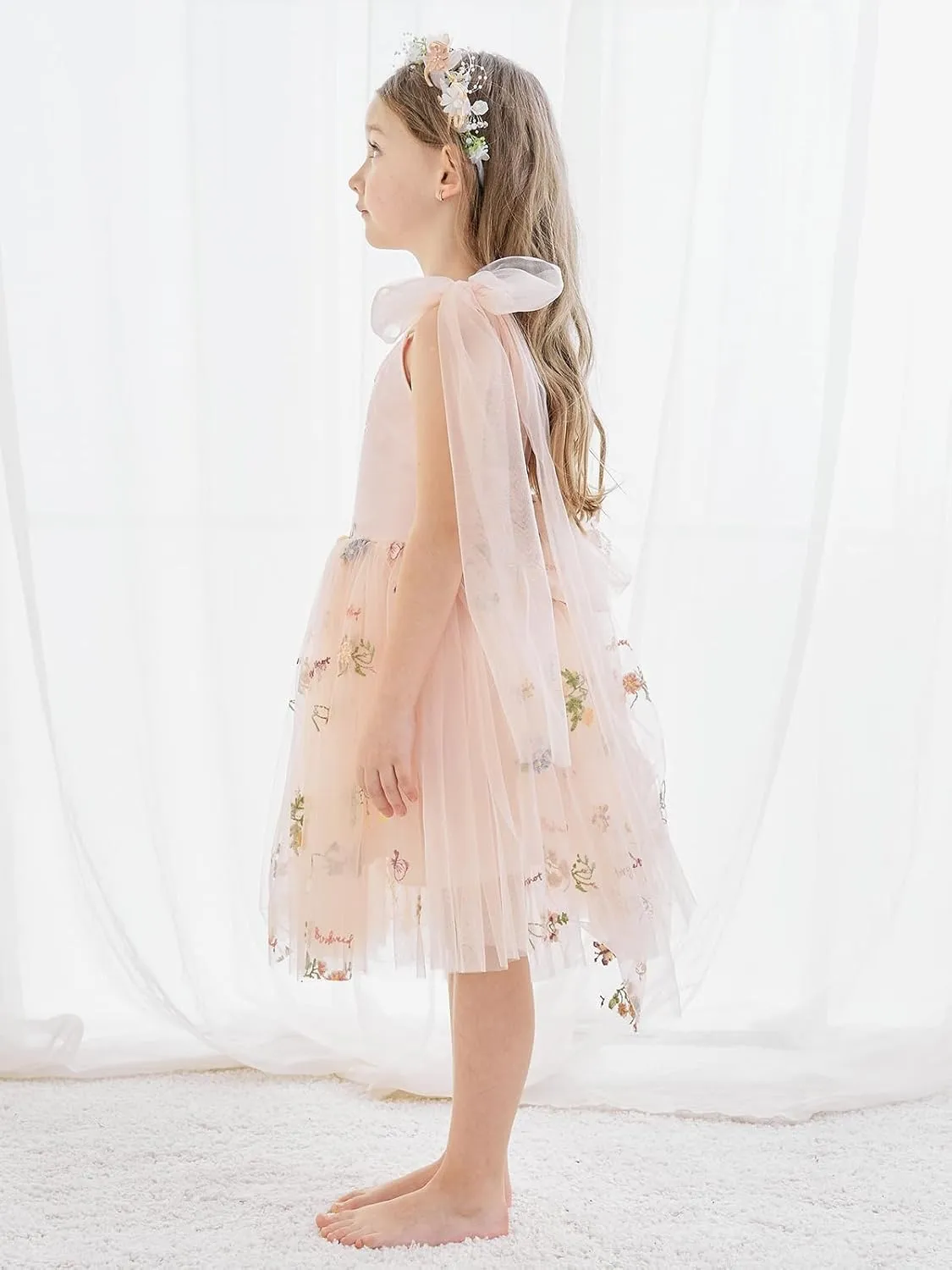Flower Girl Dress Floral Embroidered Toddler Girls Dresses Fairy Tulle Dress for Wedding Birthday Party Photo Shoot