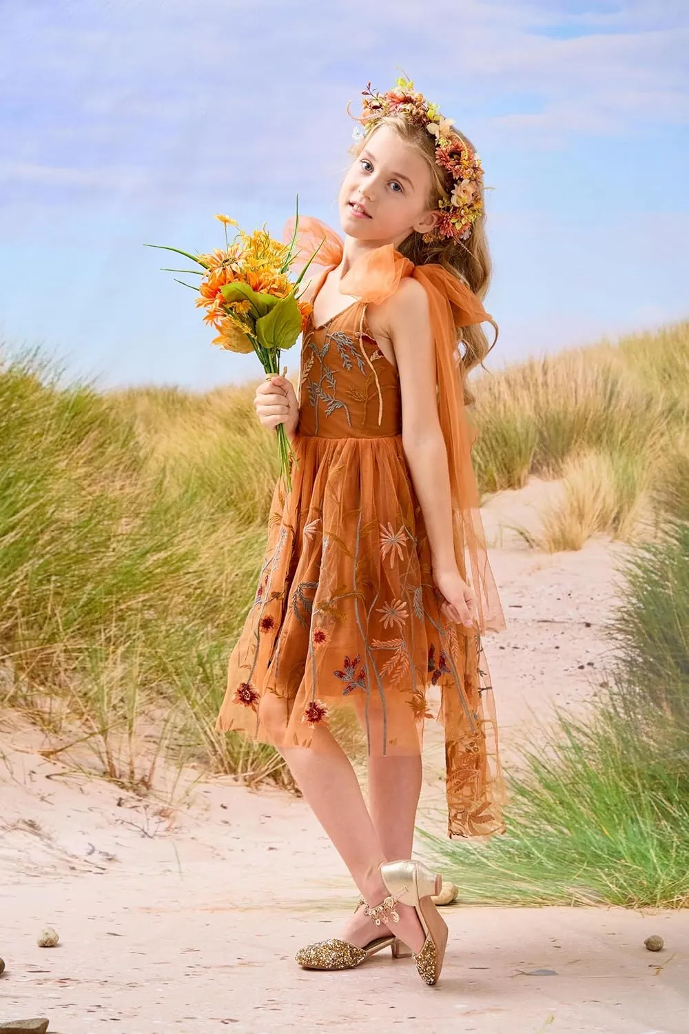 Flower Girl Dress Floral Embroidered Toddler Girls Dresses Fairy Tulle Dress for Wedding Birthday Party Photo Shoot