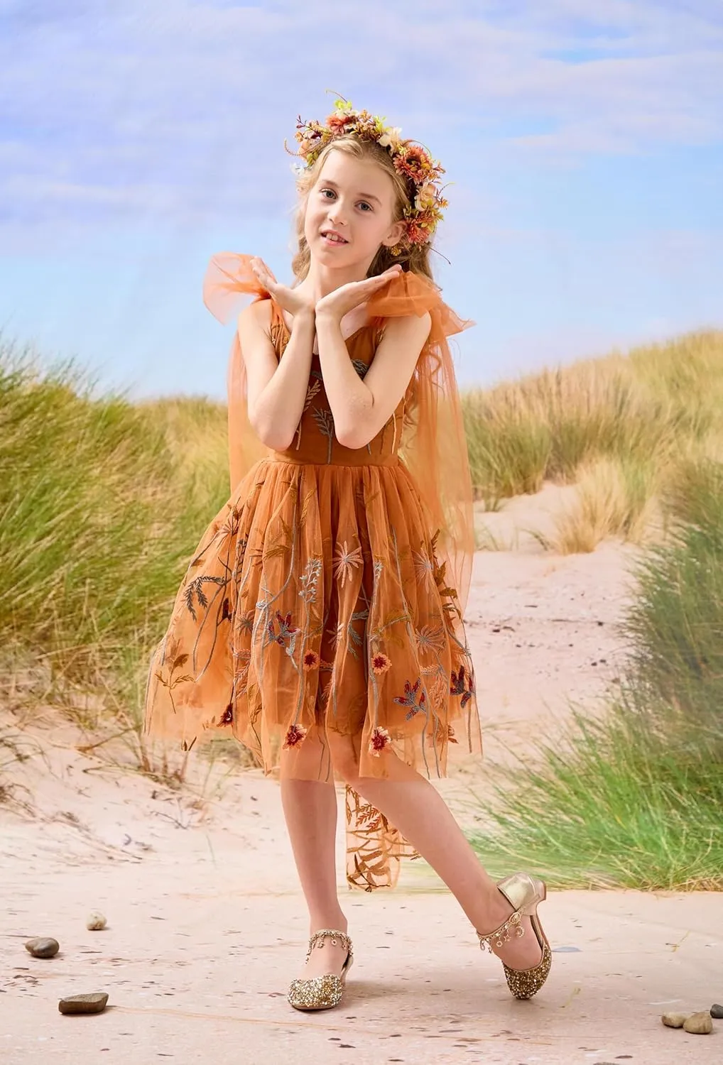 Flower Girl Dress Floral Embroidered Toddler Girls Dresses Fairy Tulle Dress for Wedding Birthday Party Photo Shoot