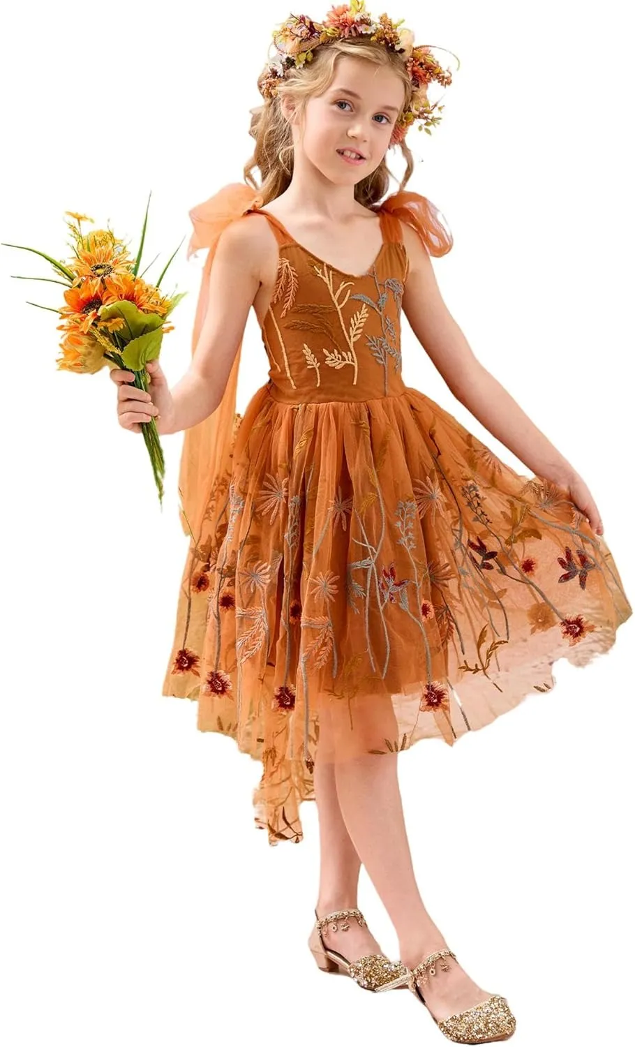 Flower Girl Dress Floral Embroidered Toddler Girls Dresses Fairy Tulle Dress for Wedding Birthday Party Photo Shoot