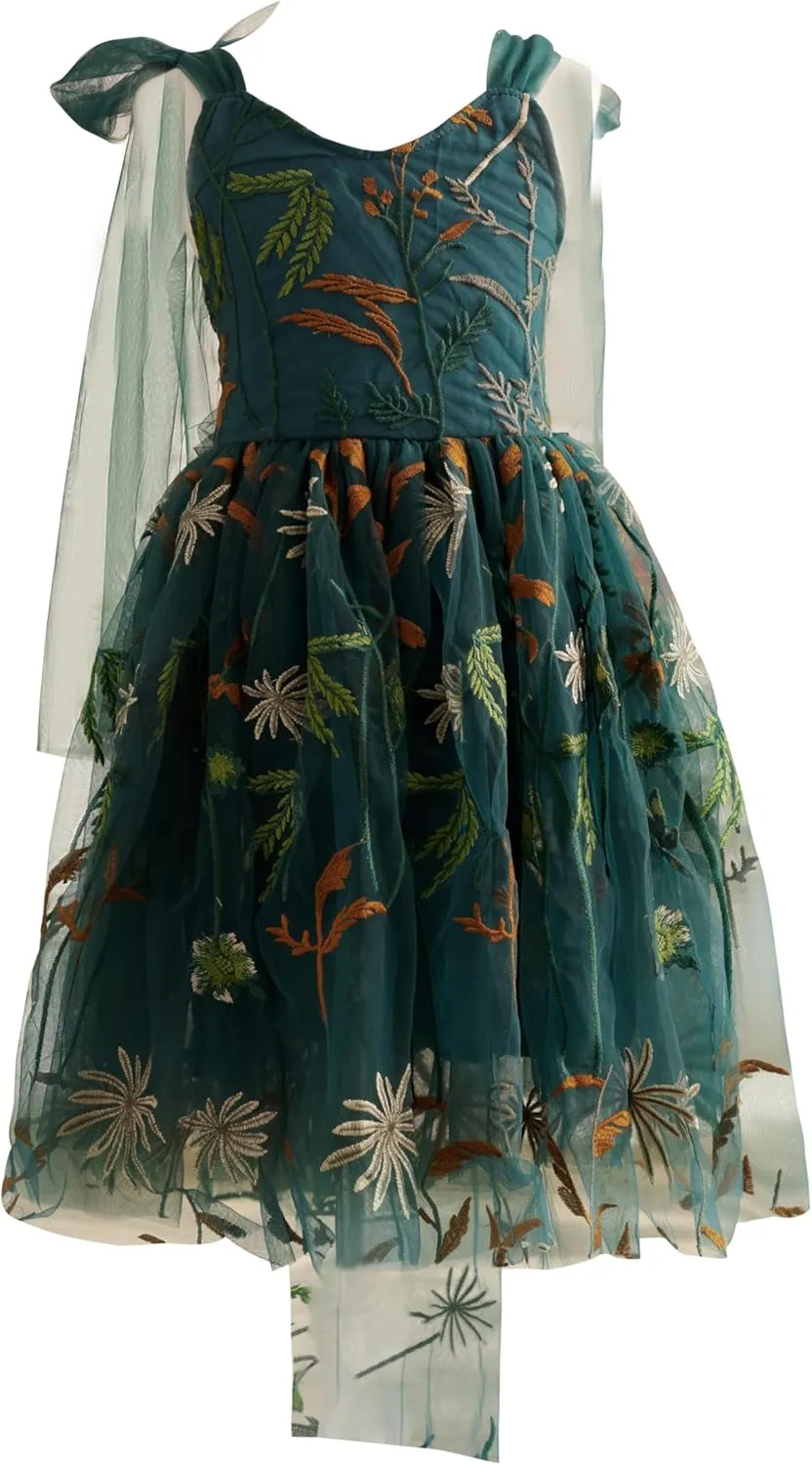 Flower Girl Dress Floral Embroidered Toddler Girls Dresses Fairy Tulle Dress for Wedding Birthday Party Photo Shoot