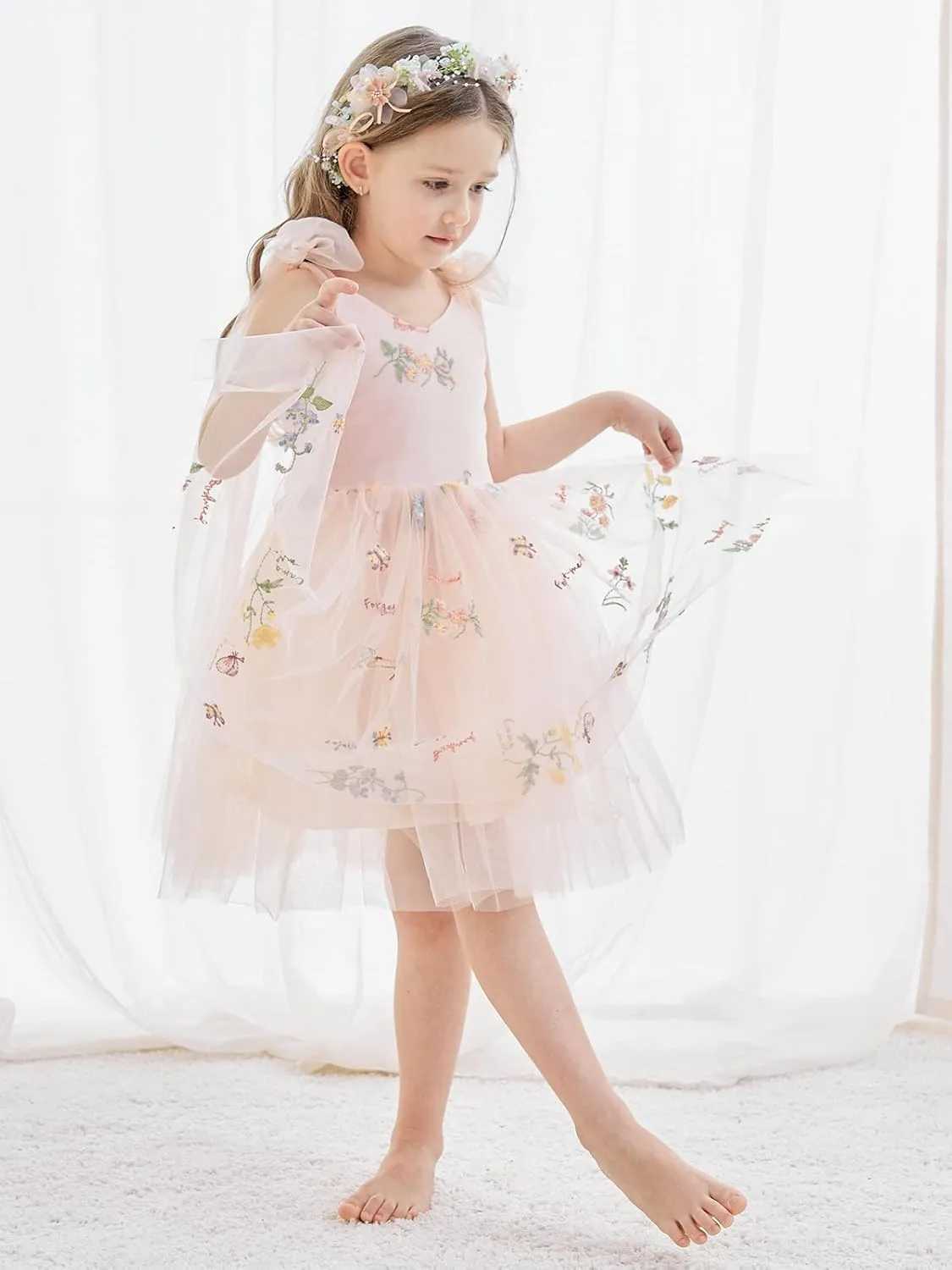 Flower Girl Dress Floral Embroidered Toddler Girls Dresses Fairy Tulle Dress for Wedding Birthday Party Photo Shoot