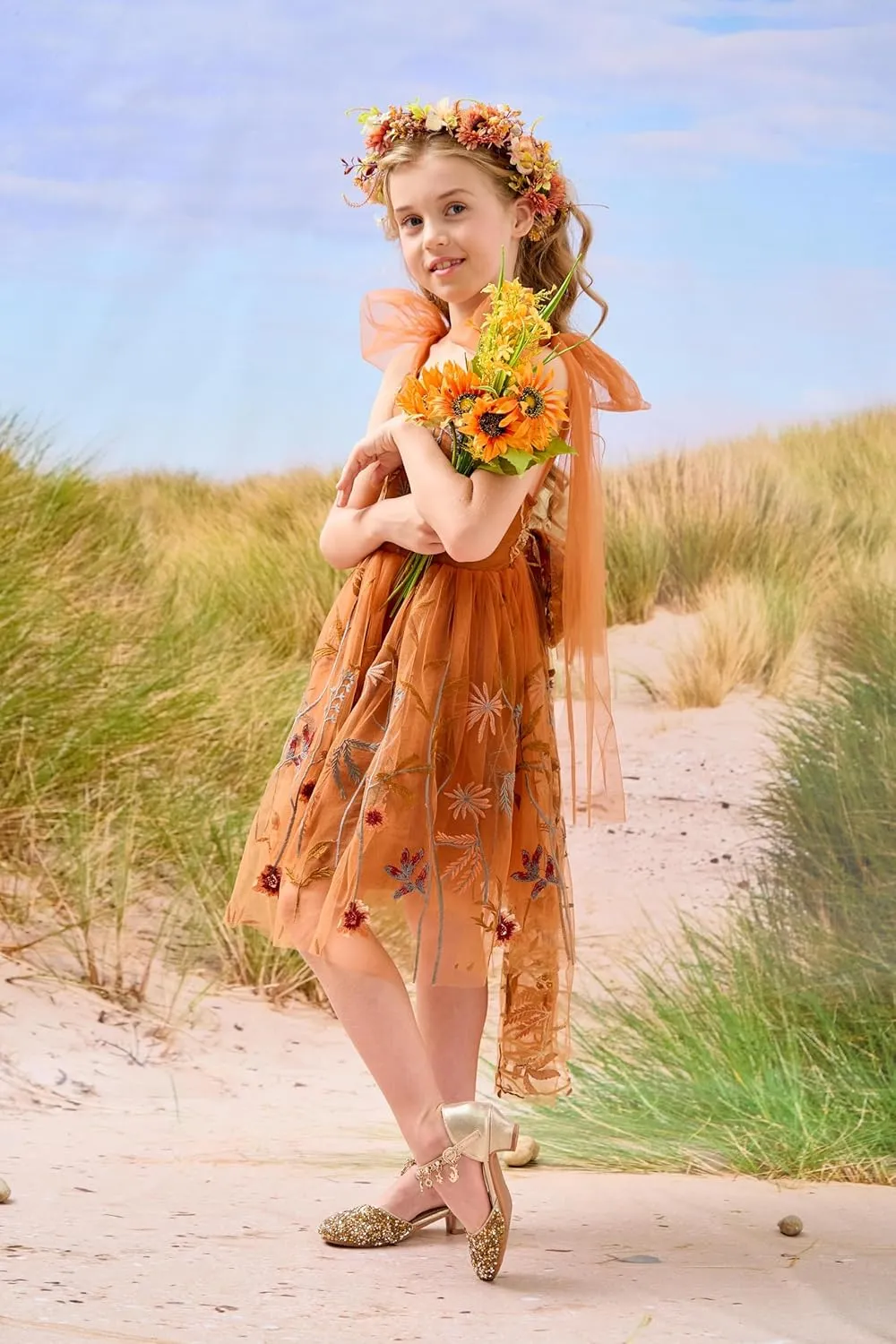 Flower Girl Dress Floral Embroidered Toddler Girls Dresses Fairy Tulle Dress for Wedding Birthday Party Photo Shoot