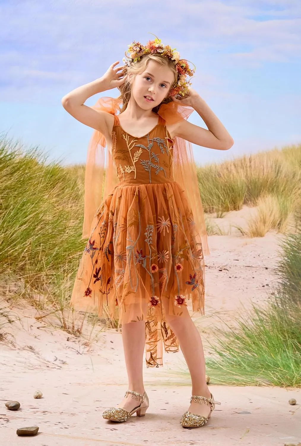 Flower Girl Dress Floral Embroidered Toddler Girls Dresses Fairy Tulle Dress for Wedding Birthday Party Photo Shoot