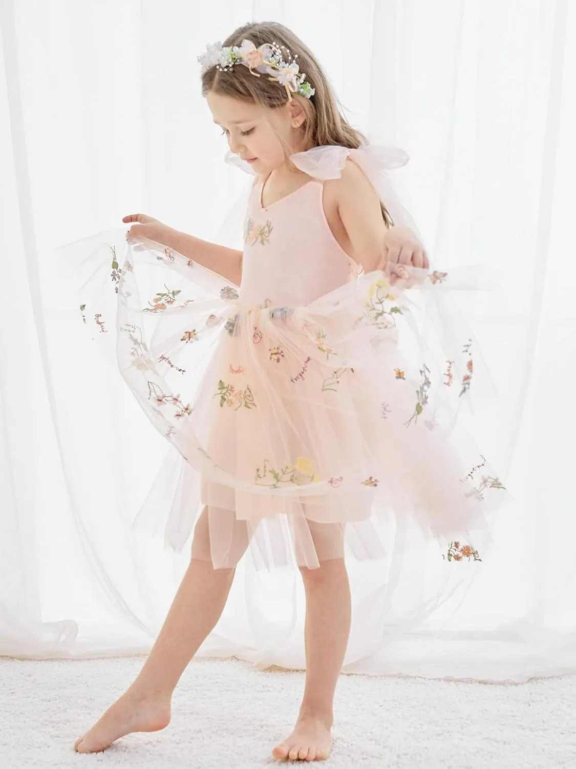 Flower Girl Dress Floral Embroidered Toddler Girls Dresses Fairy Tulle Dress for Wedding Birthday Party Photo Shoot