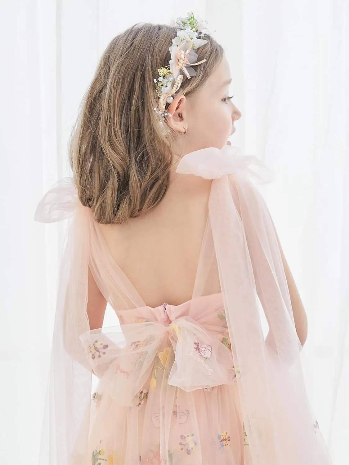 Flower Girl Dress Floral Embroidered Toddler Girls Dresses Fairy Tulle Dress for Wedding Birthday Party Photo Shoot