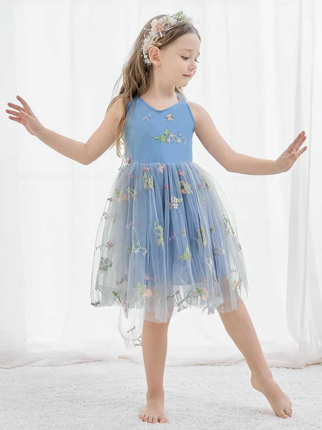 Flower Girl Dress Floral Embroidered Toddler Girls Dresses Fairy Tulle Dress for Wedding Birthday Party Photo Shoot