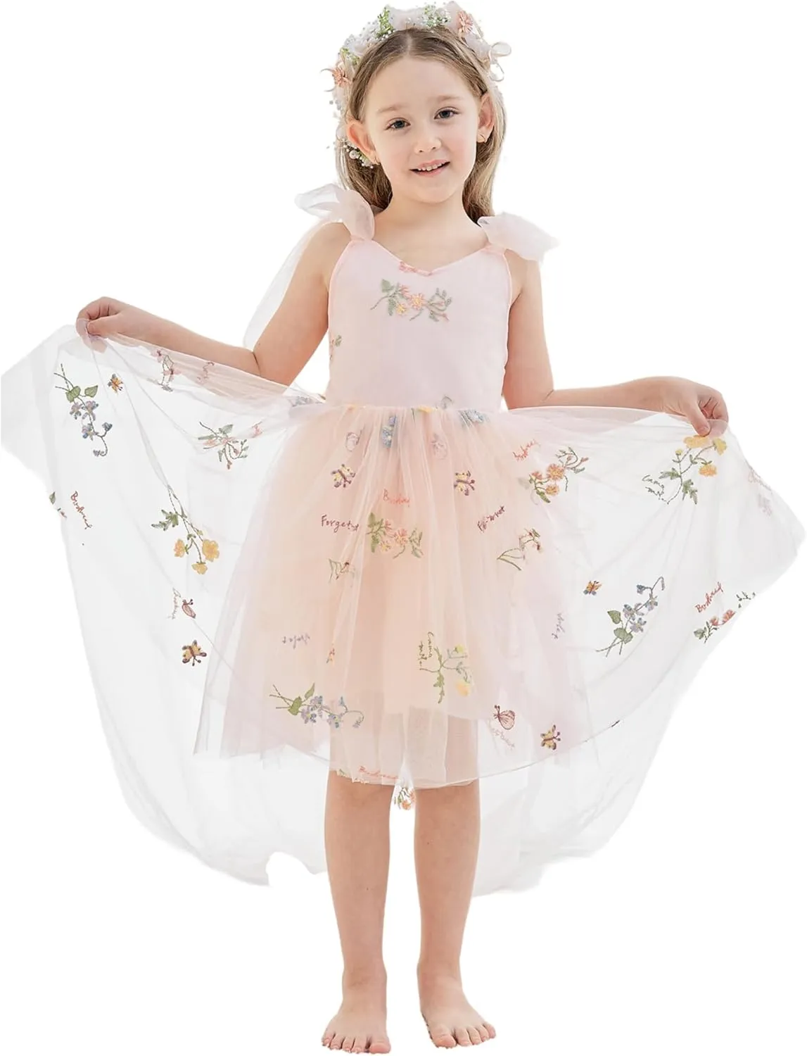 Flower Girl Dress Floral Embroidered Toddler Girls Dresses Fairy Tulle Dress for Wedding Birthday Party Photo Shoot