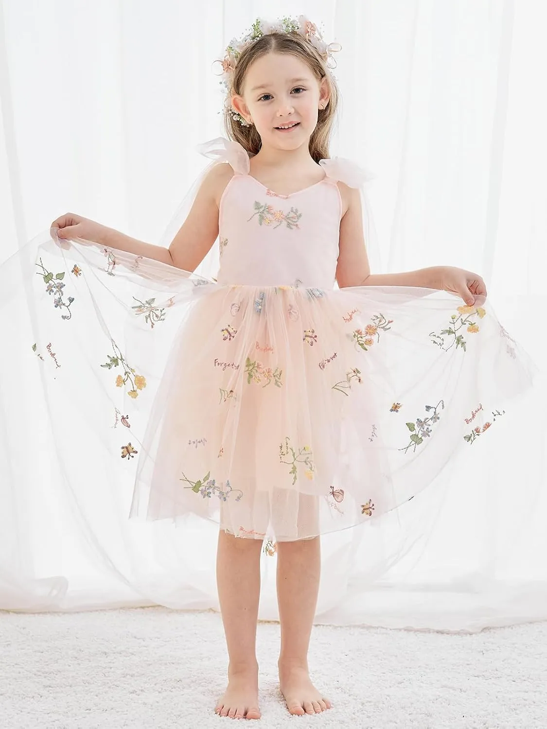 Flower Girl Dress Floral Embroidered Toddler Girls Dresses Fairy Tulle Dress for Wedding Birthday Party Photo Shoot