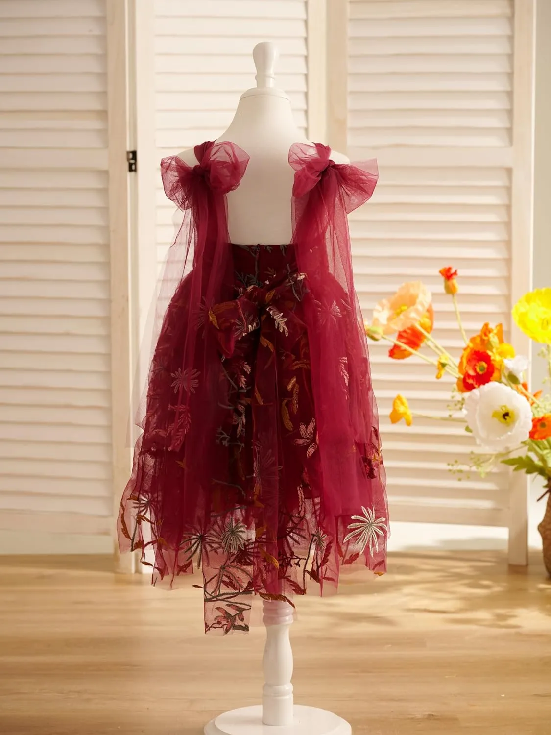 Flower Girl Dress Floral Embroidered Toddler Girls Dresses Fairy Tulle Dress for Wedding Birthday Party Photo Shoot
