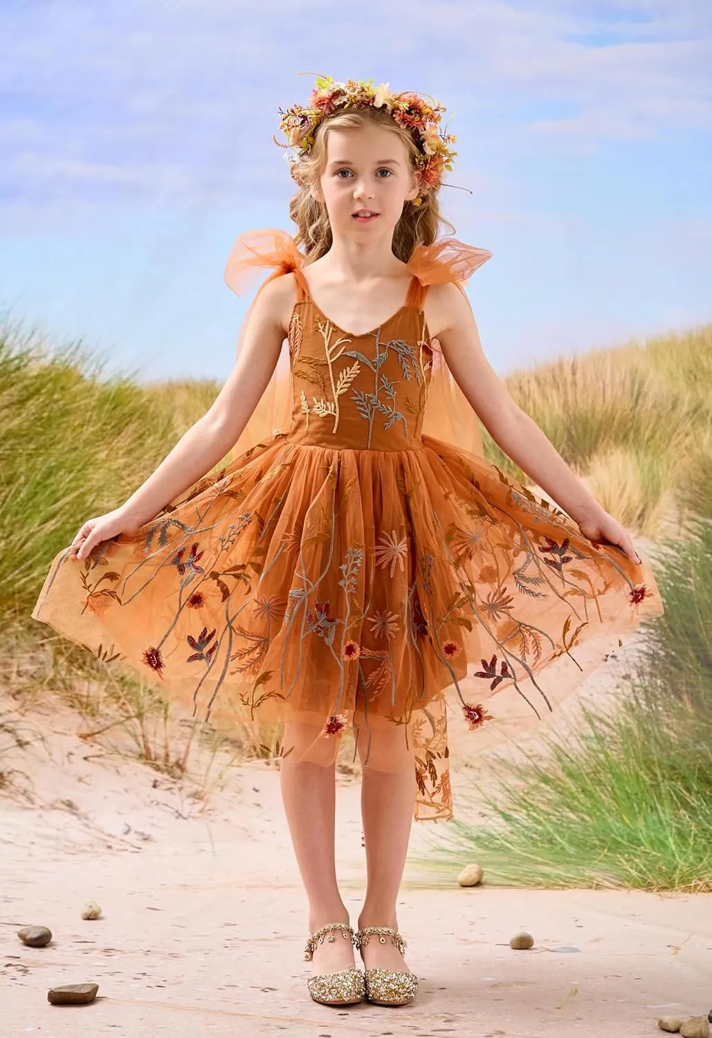 Flower Girl Dress Floral Embroidered Toddler Girls Dresses Fairy Tulle Dress for Wedding Birthday Party Photo Shoot