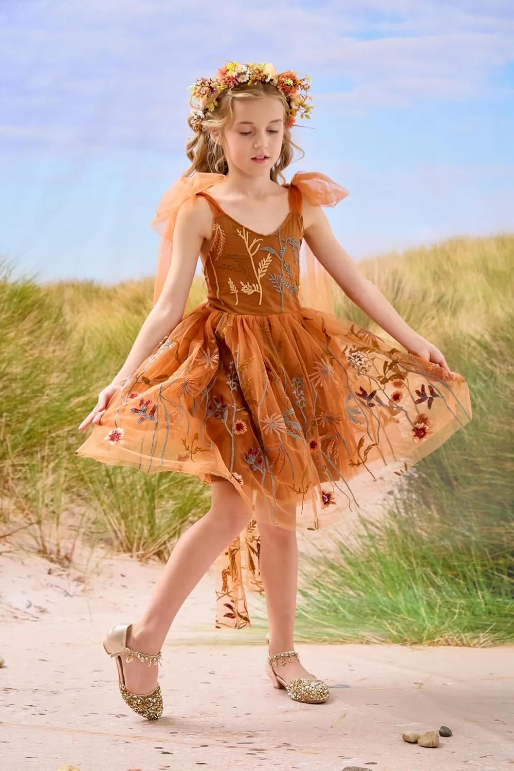 Flower Girl Dress Floral Embroidered Toddler Girls Dresses Fairy Tulle Dress for Wedding Birthday Party Photo Shoot