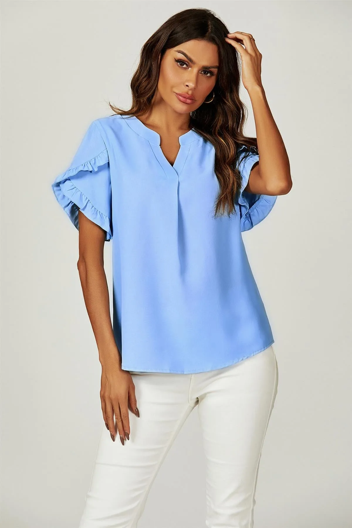 Frill Trim Detail Short Sleeve Blouse Top In Light Blue