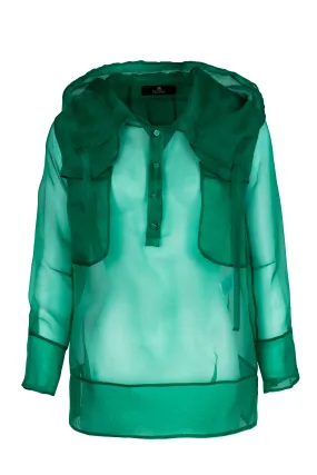 Green Silk Organza Blouse with Hood