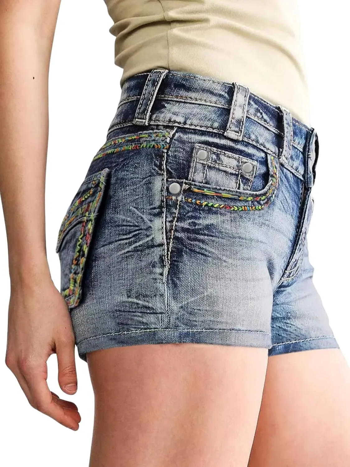 High Waisted Jean Shorts for Women Stretchy Distressed Skinny Denim Shorts Ripped Summer Shorts Embroided Pockets