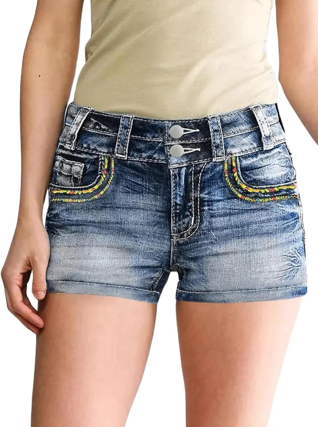 High Waisted Jean Shorts for Women Stretchy Distressed Skinny Denim Shorts Ripped Summer Shorts Embroided Pockets