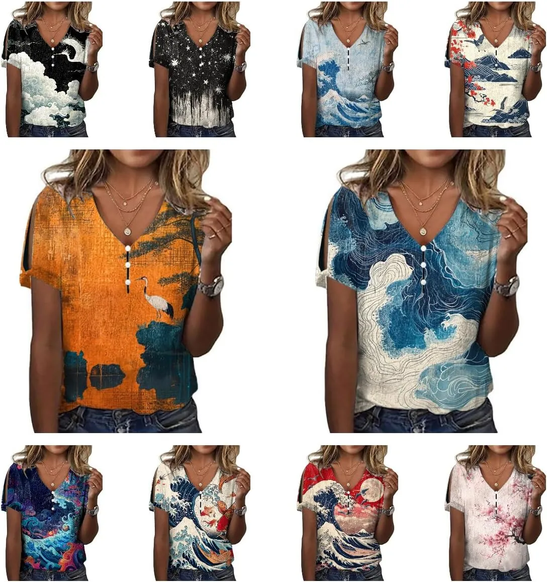 Japanese Art Tops for Women Wave Print Short Sleeve V Neck Cold Shoulder Casual 2025 Summer Trendy Ladies Tee Shirt