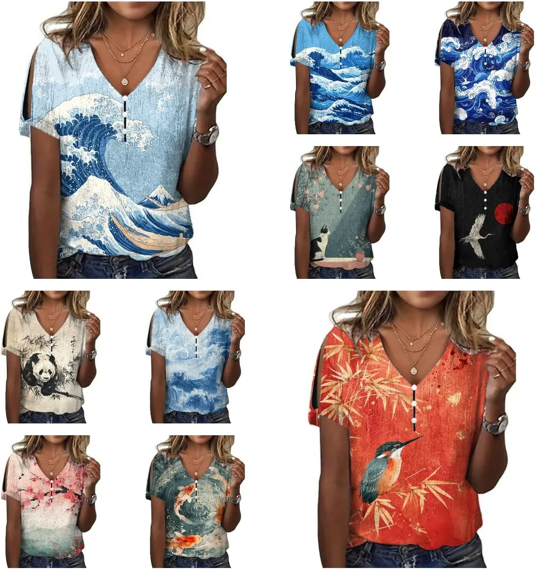 Japanese Art Tops for Women Wave Print Short Sleeve V Neck Cold Shoulder Casual 2025 Summer Trendy Ladies Tee Shirt