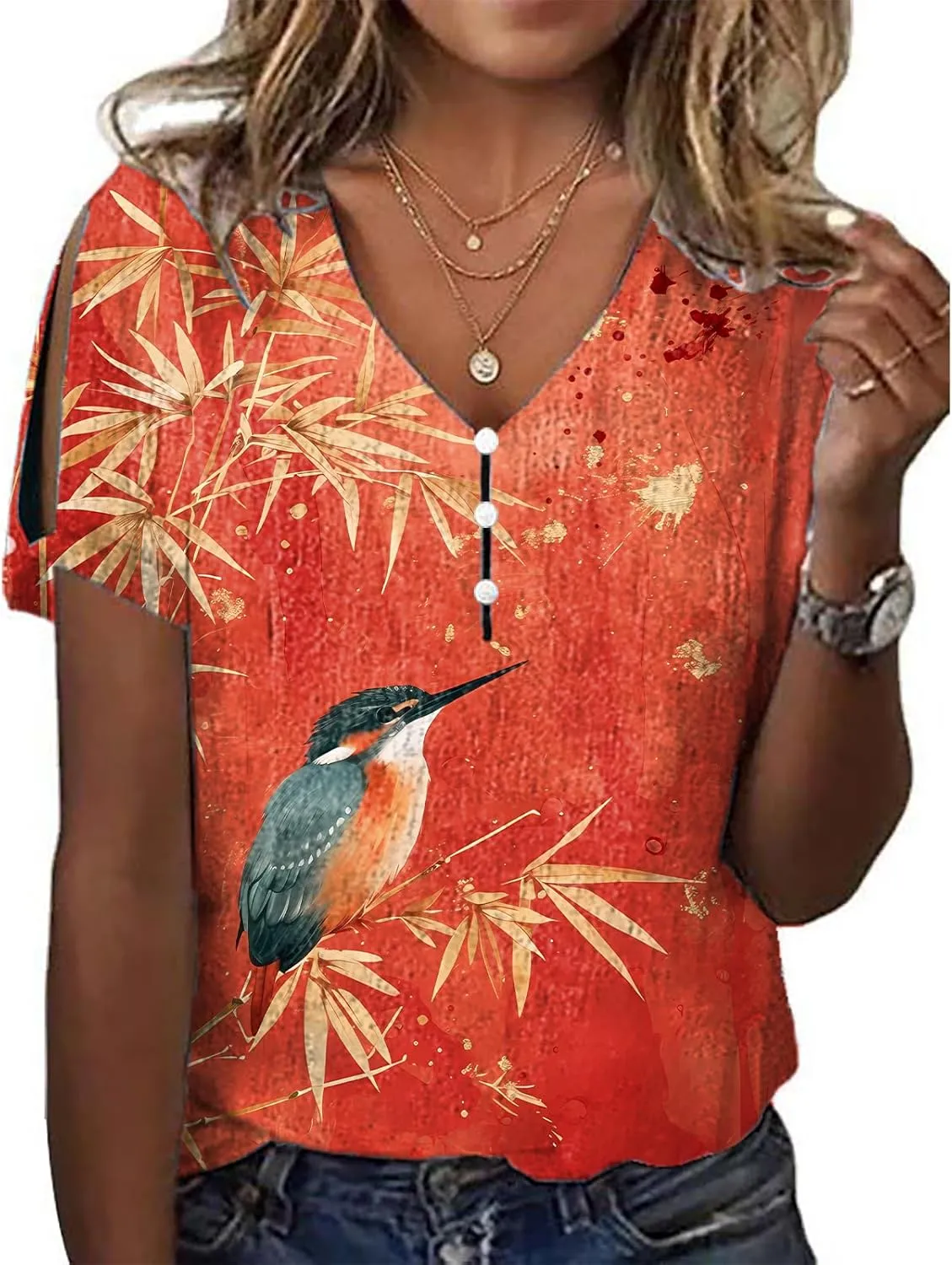 Japanese Art Tops for Women Wave Print Short Sleeve V Neck Cold Shoulder Casual 2025 Summer Trendy Ladies Tee Shirt