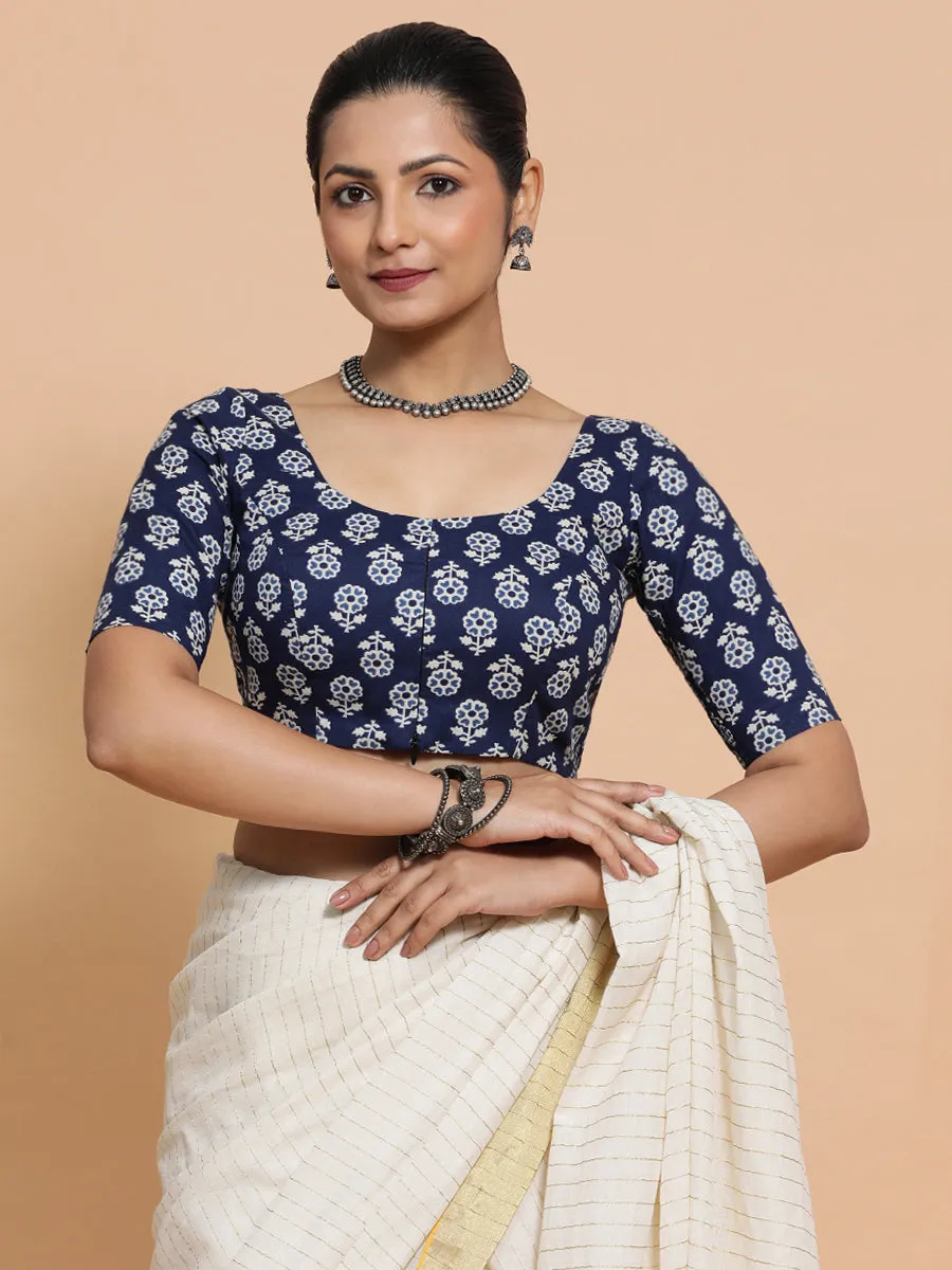 Jyoti x Rozaana | Elbow Sleeves Cotton Saree Blouse in Indigo Blue Flower Block Print Fabric