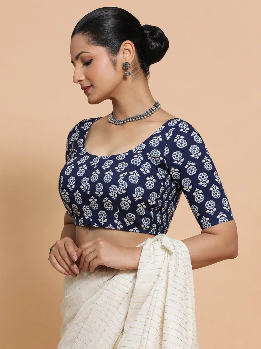 Jyoti x Rozaana | Elbow Sleeves Cotton Saree Blouse in Indigo Blue Flower Block Print Fabric
