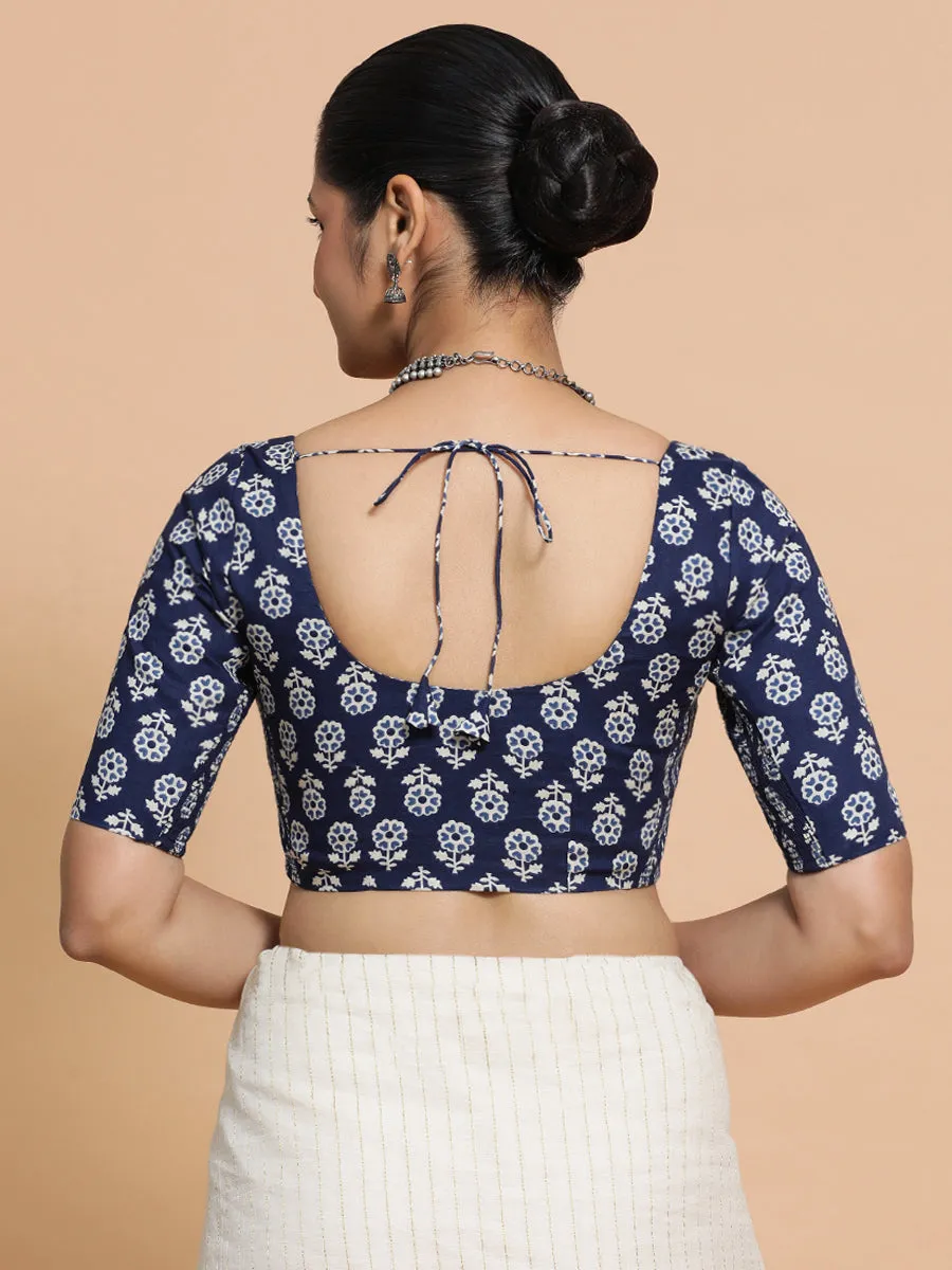 Jyoti x Rozaana | Elbow Sleeves Cotton Saree Blouse in Indigo Blue Flower Block Print Fabric