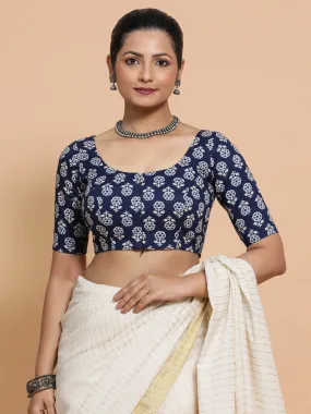 Jyoti x Rozaana | Elbow Sleeves Cotton Saree Blouse in Indigo Blue Flower Block Print Fabric