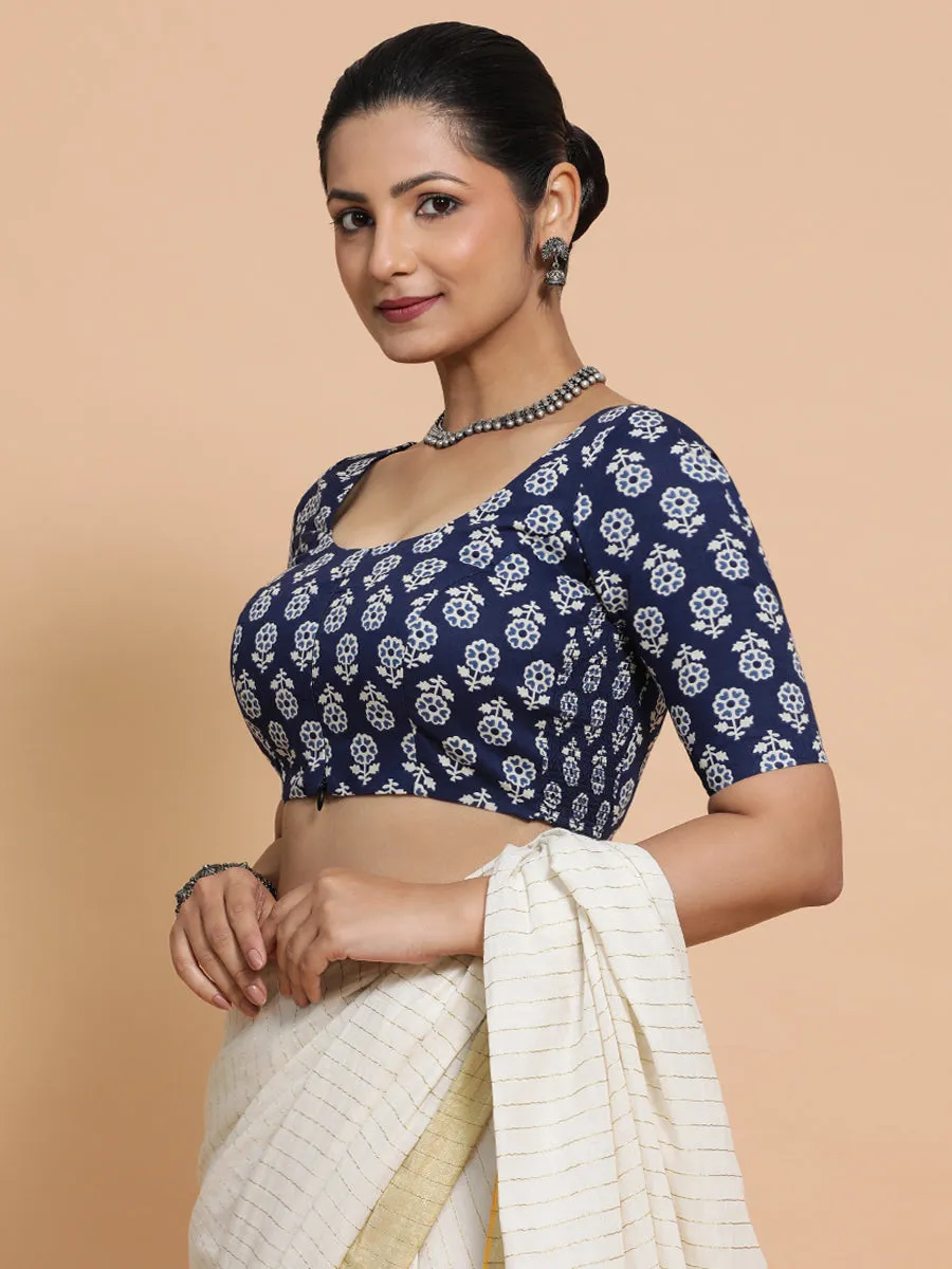 Jyoti x Rozaana | Elbow Sleeves Cotton Saree Blouse in Indigo Blue Flower Block Print Fabric