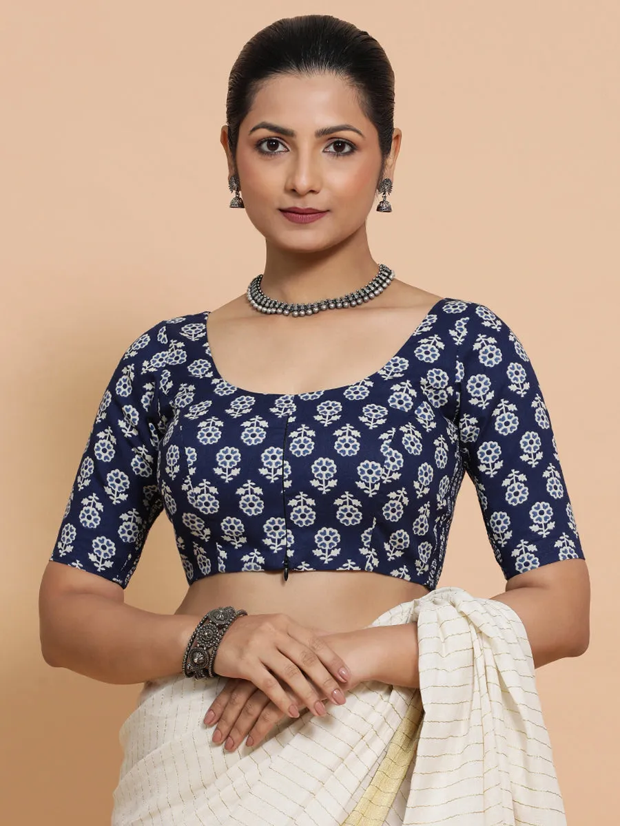 Jyoti x Rozaana | Elbow Sleeves Cotton Saree Blouse in Indigo Blue Flower Block Print Fabric