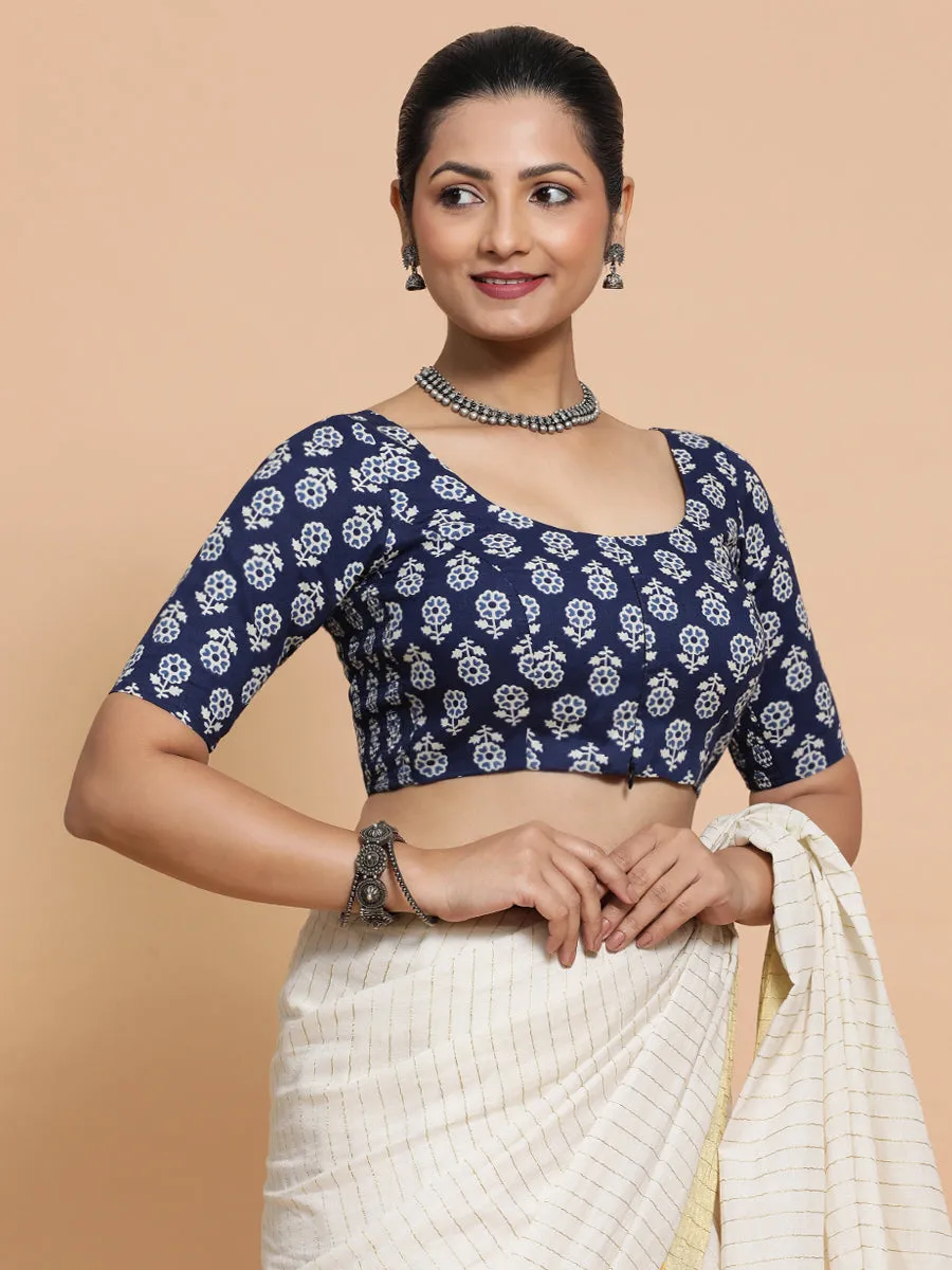 Jyoti x Rozaana | Elbow Sleeves Cotton Saree Blouse in Indigo Blue Flower Block Print Fabric