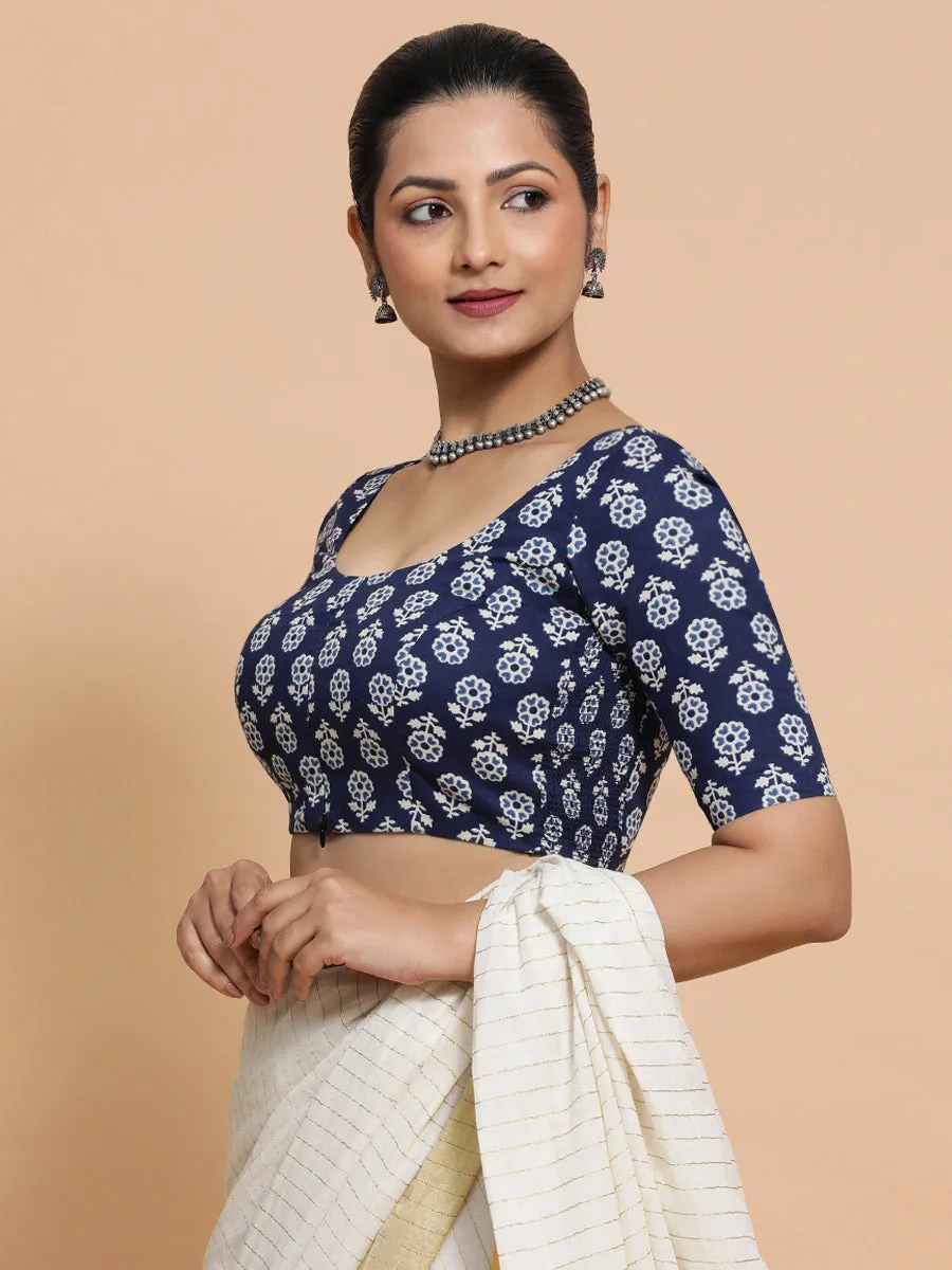 Jyoti x Rozaana | Elbow Sleeves Cotton Saree Blouse in Indigo Blue Flower Block Print Fabric
