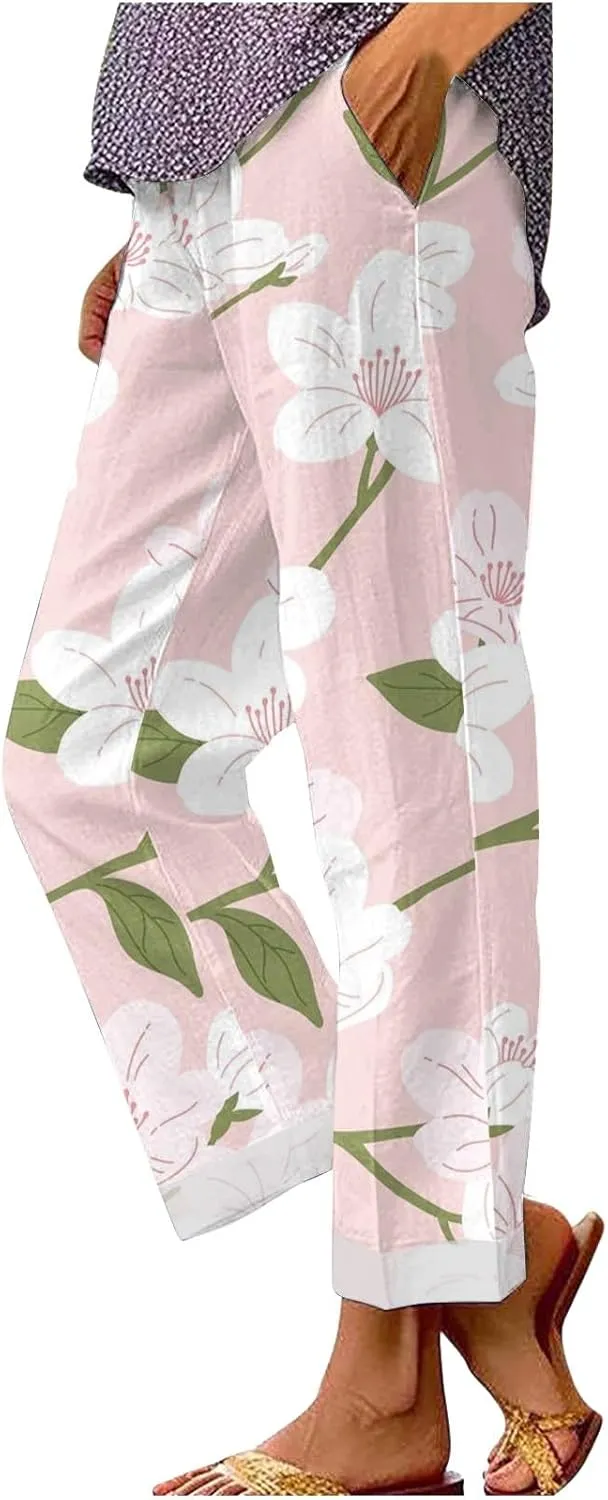 LCMTWX Women's Summer Casual Linen Pants and Linen Casual Pants Casual Loose Drawstring Beach Pants for Women White Pants