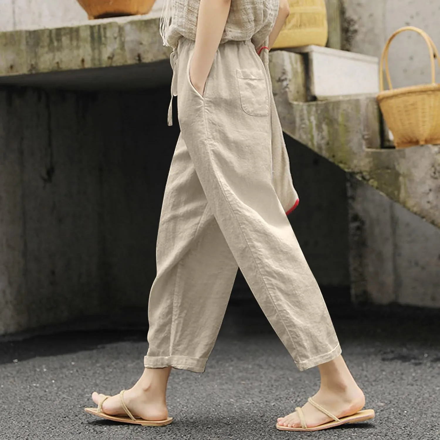 Linen Capris for Women Lightweight Summer Pants Drawstring Elastic Waisted Vacation Beach Linen Pants Casual Travel Trousers