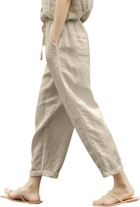 Linen Capris for Women Lightweight Summer Pants Drawstring Elastic Waisted Vacation Beach Linen Pants Casual Travel Trousers
