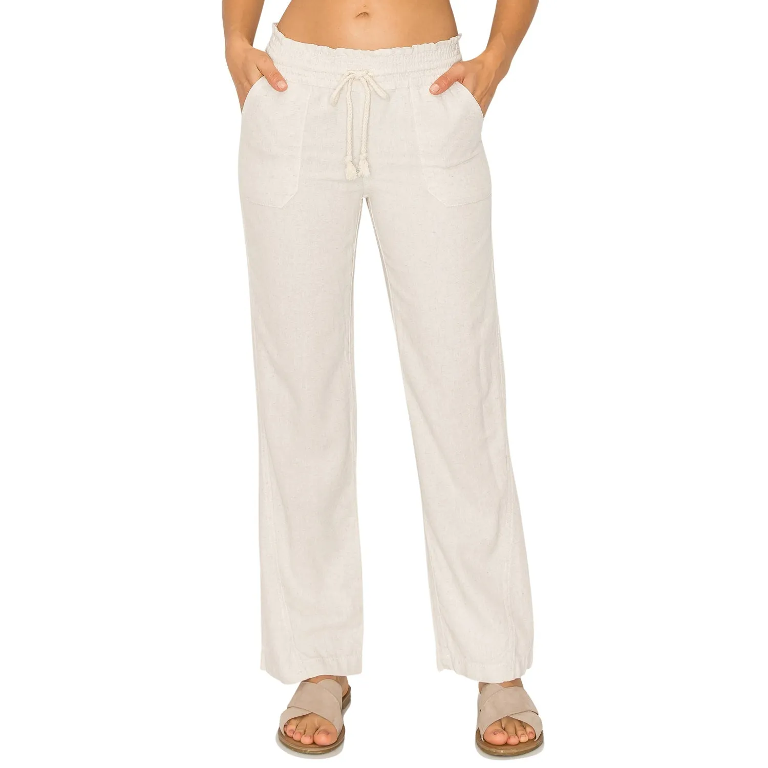 Linen Pants 29" Inseam Drawstring Smocked Waist Beach Pants - Oatmeal