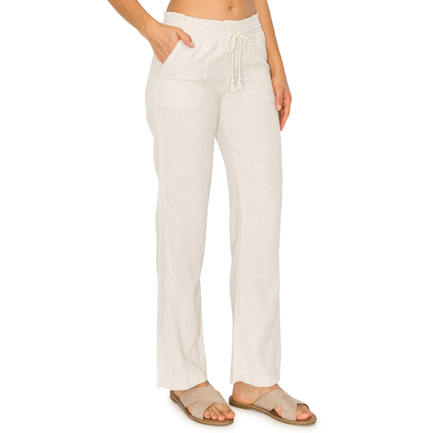 Linen Pants 29" Inseam Drawstring Smocked Waist Beach Pants - Oatmeal