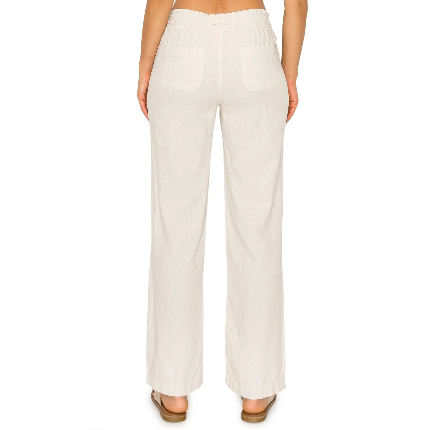 Linen Pants 29" Inseam Drawstring Smocked Waist Beach Pants - Oatmeal